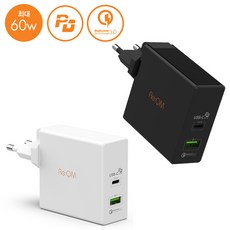 60W 갤럭시A90 5G 노트10 LG G8 퀵차지 3.0 USB C타입 PD 듀얼 가정용 휴대폰 초고속충전기 멀티 충전기, 1개, 60W 가정용 충전기-화이트
