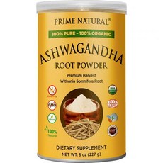 PRIME NATURAL 프라임 내추럴 유기농 아쉬와간다 뿌리 분말 8oz 진정 활력 에너지 체력 증진 아유르베다 적응제 퓨어 생, 1개, 227g