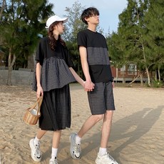 하다맘 라운드티셔츠디자인 머메이드한 커플룩 여름옷 점프슈트 보이핏 볼륨 감신 INS 유행 홍콩풍