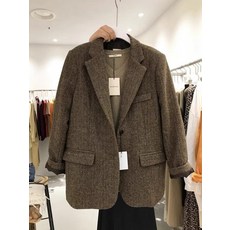 24겨울 여성 헤링본 모직 루즈핏 자켓 코트, 1개, 브라운 헤링본 패턴L