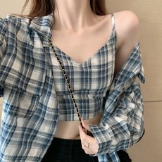 어텀 무드 면린넨 클래식 블루 체크 와이셔츠 가디건 숏 브라탑 탱크탑 이너 크롭탑 끈나시 여성 여름 가디건투피스