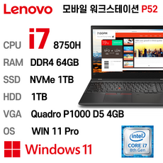 LENOVO 전문그래픽용 P52 i7-8750H 64GB NVMe 1TB +NVMe 1TB Quadro P1000 D5 4GB 15.6인치, WIN11 Pro, 코어i7, 블랙 + HDD 1TB