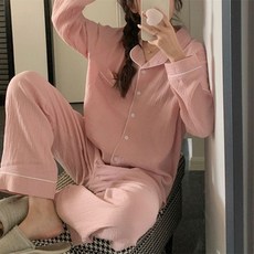 미야미 여성 심플 홈웨어 긴팔 카라 파자마 잠옷 세트 3컬러