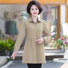 ROYALBELLE 여성 엄마옷 면 루즈핏 캐주얼 얇은 트렌치 코트 빅사이즈 데일리 카라넥 프릴 셔츠 코트 V71614