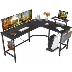 L자형 컴퓨터 책상 게이밍 책상 컴퓨터 테이블 학생 책상 서재 책상 사무용 책상 모니터 받침대 보관 가방과 후크 케이블 매니저 포함 1인용 2인용, 블랙