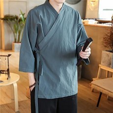 POMTOR 남성 전통 한복 스타일 블랙 컬러 긴팔 로브 재킷 셔츠
