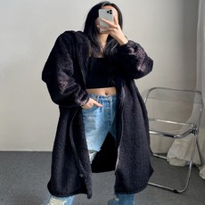 엑스핏 국내제작 오버핏 보아털 롱 후리스 후드 집업 점퍼