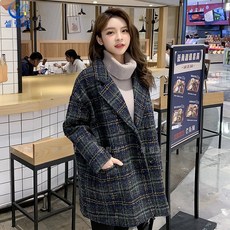 셀럽당 모직 체크 코트 여 하프 루즈핏 모직 코트