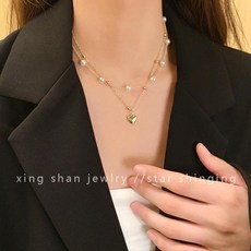 텐트밖은유럽 남프랑스 조보아 목걸이 패션 더블 레이어드 하트 쇄골체인 진주