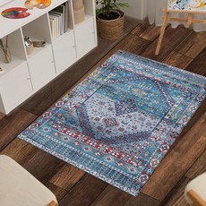 Bedding Craft 하프 핸드 우븐 부분 러그 브레이드 황마 스캘럽 테두리 데코 컬렉션 클래식 품질 거실 주방용 55.9x106.7cm(22x42인치) - 내추럴, 틸 블루 멀티