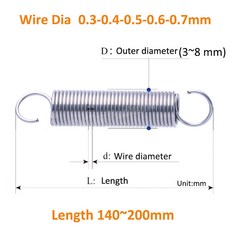 304SS 후크 장력 연장 소형 강철 스프링 와이어 직경 0 3/0 4/0 5/0 6/0 7mm OD 3mm 8mm 길이 140 200mm 2, 2pcs, 0.5x6 mm, 180mm, 2개