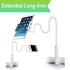 iPad Pro 11용 Ascromy 휴대폰 태블릿 스탠드 홀더 클립 10.5 9.7 iPhone XS Max Wall 플렉시블 롱 암 구세넥 메탈 브래킷테이블 스탠스, 01 White