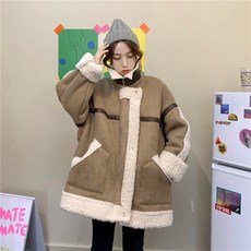 와이드 루즈핏 패치워크 가죽끈 램스울 스탠딩카라 두꺼운