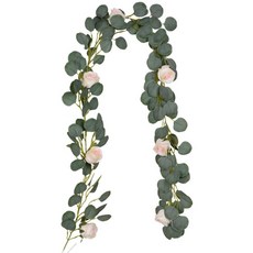 영국직수입 COSCHANO 인공 유칼립투스 덩굴 장미꽃 Faux Silk Eucalyptus Garland Rose 덩굴 유칼립투스 잎 아이비 식물 웨딩, 단일옵션
