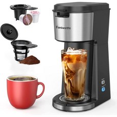 Famiworths Iced Coffee Maker with Milk Frother K Cup & Ground Coffee용 온냉 싱글 서브 커피 메이커 6~14온스 브루 사, 굵게 미국직구