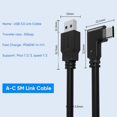 오큘러스 퀘스트 2 용 Pico Neo 3 링크 케이블 5M USB 3.0 Quest2 VR 데이터 전송용 고속 충전 헤드셋 액세서리, 01 A-C 5M Black