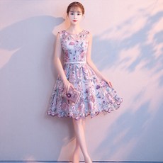 여성 꽃무늬 자수 장식 5부 소매 하이웨스트 파티 집업 A라인 드레스 HFQ88
