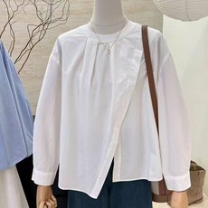 POMTOR 여성 봄 가을 캐주얼 트임 라운드넥 셔츠 루즈핏 슬림핏 긴팔 단색 상의