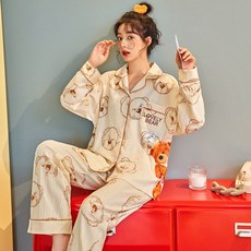 파자마 여 긴팔 세트 니트 면 인형 넥 프린세스룩 투피스 실내복