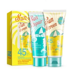 SPF 45 여성용 얼굴 자외선 차단제 알로에 베라 차단제 로션 및 애프터 선 키트 방수 기름지지 않음 보호 여행용 2팩, SPF 45 여성용 얼굴 자외선 차단제, 알로에 베라