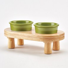 페시앙 [프리미엄 강아지고양이 도자기밥그릇 높이 애견식기 2구 테이블], 1세트, 내츄럴우드/올리브그린+올리브그린