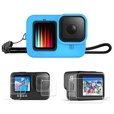 GoPro Hero 9 블랙 번들 키트 렌즈 커버 커버 끈 액세서리가있는 PCTC 실리콘 보호용 소프트 케이스 강화 유리 화면 보호기 2 개 렌즈 보호기 2 개 소형 화면 보호기 2 개, 본상품