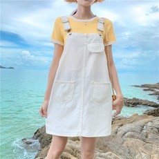 끈 스트랩 데님 멜빵 미디 원피스Z07