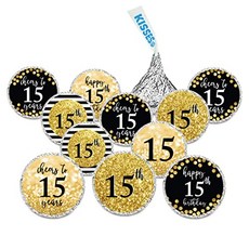 Glitzy Faux Gold Glitter Chocolate Drop Labels Cheers to 15 Years Mis Quinc (Cheers to 15 Years)