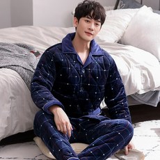남자잠옷 남성 잠옷 겨울용 3겹두꺼운 산호벨벳 면패딩 세트 중년청년 플란넬 패딩조끼 보온 홈웨어