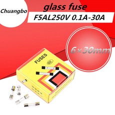 1 상자 100pcs 6 30MM 유리관 퓨즈 F5AL250V 0 1A 0 2A 0 25A 0 3A 0 5A 0 63A 0 75A 0 8A 1A 2A 3A 3 15A 고속 퀵 블로, 0.5A, 100개