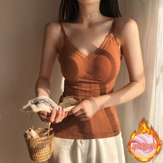 명스토어 레이스 일체 두터운 융털 브라탑 탱크탑 크롭탑 끈나시 여성 겨울 보온 캡 포함 이너웨어