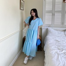 미다디 긴 우아한 원피스 체크 여성