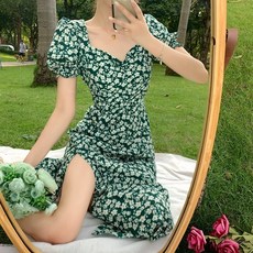ANYOU 여성 여름 반팔 플라워 퍼프원피스 브이넥 쉬폰 롱원피스