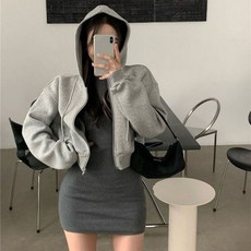 Deeptown 회색 집업 크롭 스웻셔츠 한국 패션 하라주쿠 캐주얼 오버사이즈 기본 후디 여성 루즈 긴팔 상의 가을