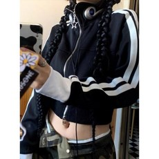 여성용 빈티지 한국 패션 스트릿웨어 집업 크롭 후드 하라주쿠 스트라이프 지퍼 재킷 Y2k Kpop 스웻셔츠 의류