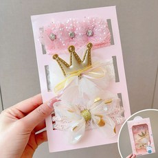 여아용 아기 머리띠 세트 여아 아기용 부드러운 공주 헤어 액세서리 선물 편안한 디자인 패션, 베이지 왕관 머리띠 3종세트 고급 선물박스형