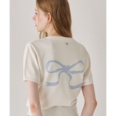 론론 RONRON HEART RIBBON JACQUARD SHORT SLEEVE KNIT IVORY BLUE