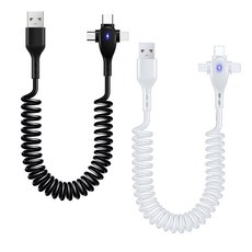 휴대용 고속 충전 스프링 케이블 66W 3in1 USB 충전기 스마트폰 차량 코일 8핀 C타입 마이크로 5핀, 화이트, 1개