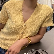 여성 여름 V넥 가디건 얇은 탑 골드 버튼 블랙 핑크 옐로 S M L