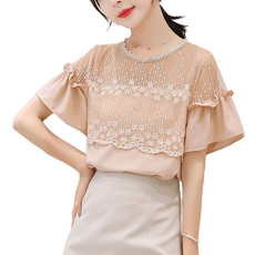 셀럽당 여름 여성 블라우스 라운드넥 레이스 쉬폰 상의 T0467