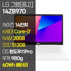 LG 그램 14ZB970 14인치 인텔 6세대 Core-i7 SSD탑재 980g 60Wh 올데이배터리 사은품 증정, WIN11 Pro, 20GB, 512GB, 코어i7, 화이트 - novastartb60