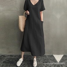여성용 브이넥 롱 헴 스커트 루즈한 반팔 지컷원피스 포켓 면 리넨 드레스 오버사이즈 C426B1927