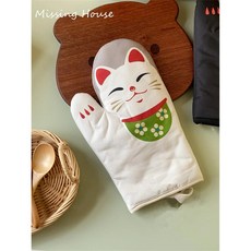 레트로 행운의 고양이 네코 단열 장갑 방지 전자레인지 주방 베이, 1.1Pcs White, 1개
