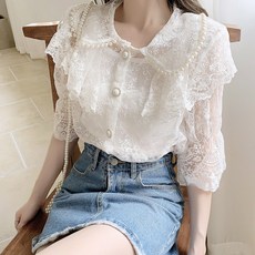 레이스블라우스 2020여름시즌 뉴타입 베이비카라 화이트 레이스 쉬폰블라우스 여자스위티 여신 상의 숙녀 짧은소매