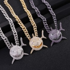 힙합 상어 목걸이 20 "긴 마이애미 쿠바 체인 펑크 록 초커 크리스탈 물고기 보석 프리미엄 큐빅 지르콘 상어 펜던트|펜던트 목걸이|