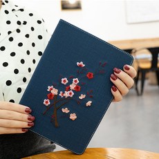 IPADAIR4 보호케이스 109 인치 테블렛PC 8대 102 PRO11 충격흡수 AIR2 1오륙 97 가죽커버 자수, 디프블루 복숭아꽃  방폭 강화유리 필