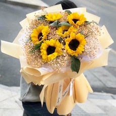엘시아 생화꽃 성도 수국 로즈 믹스매치 플라워 익스프레스 같은 도시 쌍류 무후 황소 온강 생일 고백 배송 꽃집, 포근함 5송이 해바라기기 _화이트 안