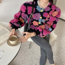 여성 긴팔 가디건 꽃자수 뽀글이 라운드넥 사계절 니트