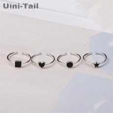 Uini-꼬리 뜨거운 새로운 925 스털링 실버 블랙 기하학 반지 성격 오픈 에폭시 반지 스타 삼각형 심장 모양의 반지 GN451