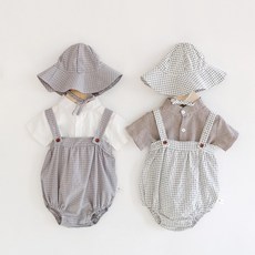 [당일발송]유아 남아 아기 모던체크 헨리넥 셔츠 바디슈트 모자 3종세트